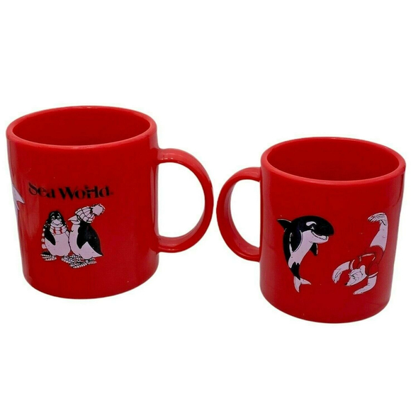 Vintage Sea World Mug Shamu Orca Penguin Sea Lion Logo Red Plastic Kid's Cup - Picture 6 of 8